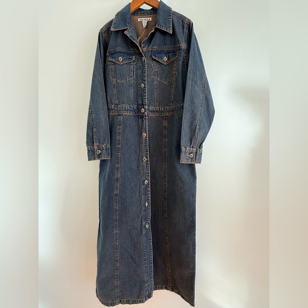 NWT A.M.I Denim Women Maxi Jeans ShirtDress Chic Studs Shirt Dress Jacket Size M